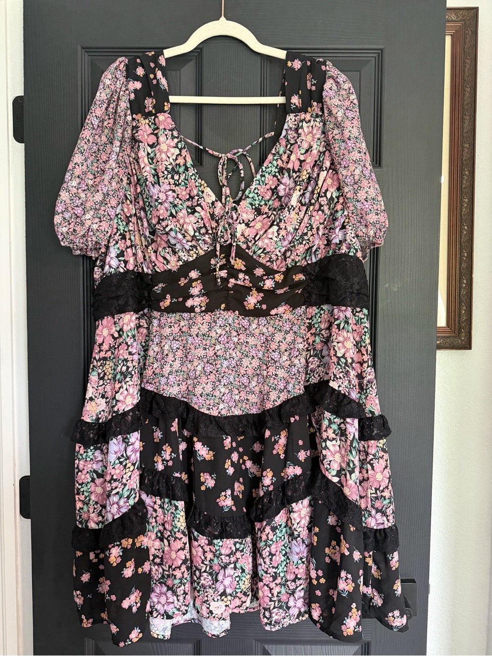 ARULA Black Floral Mini Dress with Lace Trim
